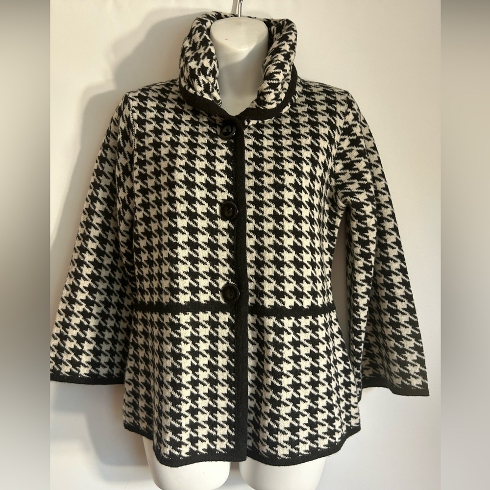 A.IDA MADE IN ITALY HOUNDSTOOTH WOMEN’S CARDIGAN BELL SLEEVES WOOL & NYLON MED